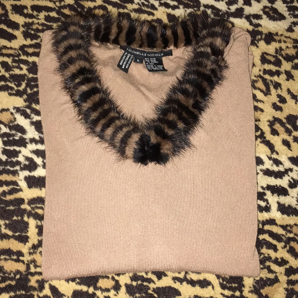 Michelle Nicole Mink Trimmed Large Sweater